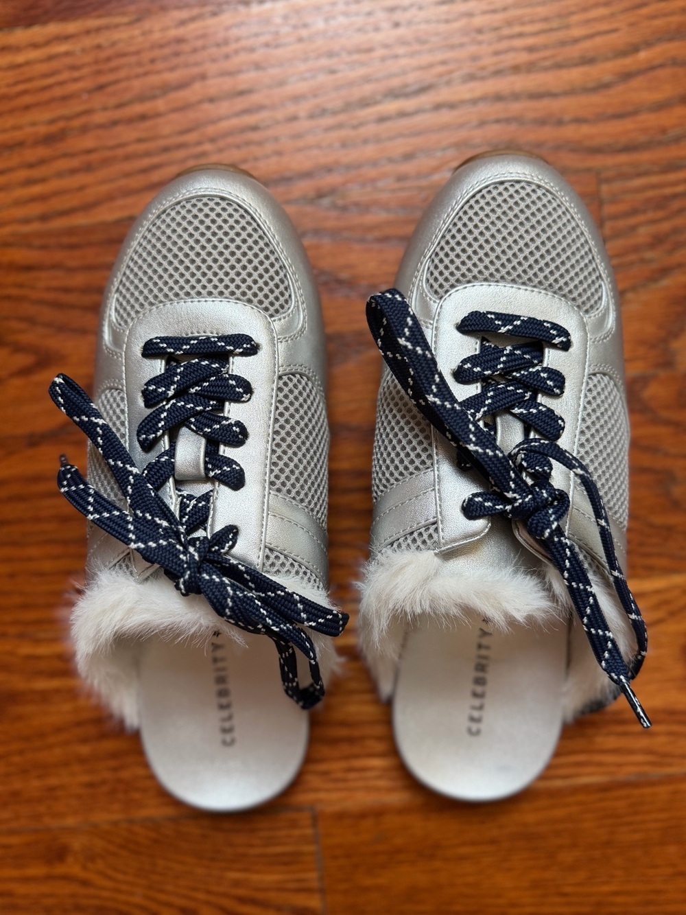 Brand New Celebrity Pink Silver Faux-Fur Lace Mule Sneakers / Size 6
